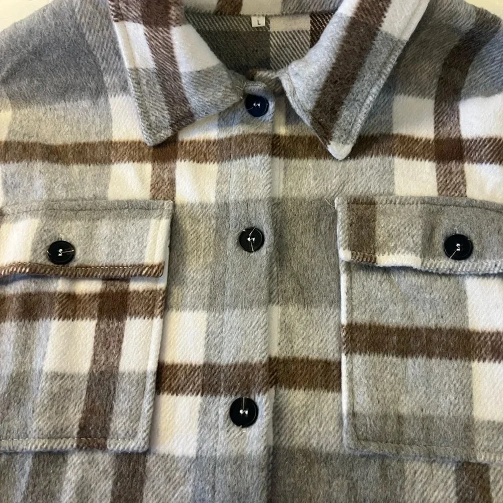 Plaid Button-Up Shaket - Gray and Brown - Picture 7 of 7